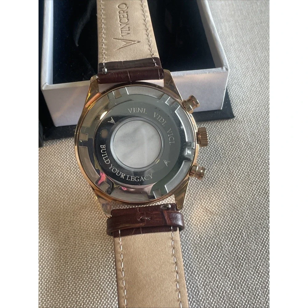 Vincero Men's Watch Chrono S Black Gold‎ Leather  New w/ Box Stopwatch